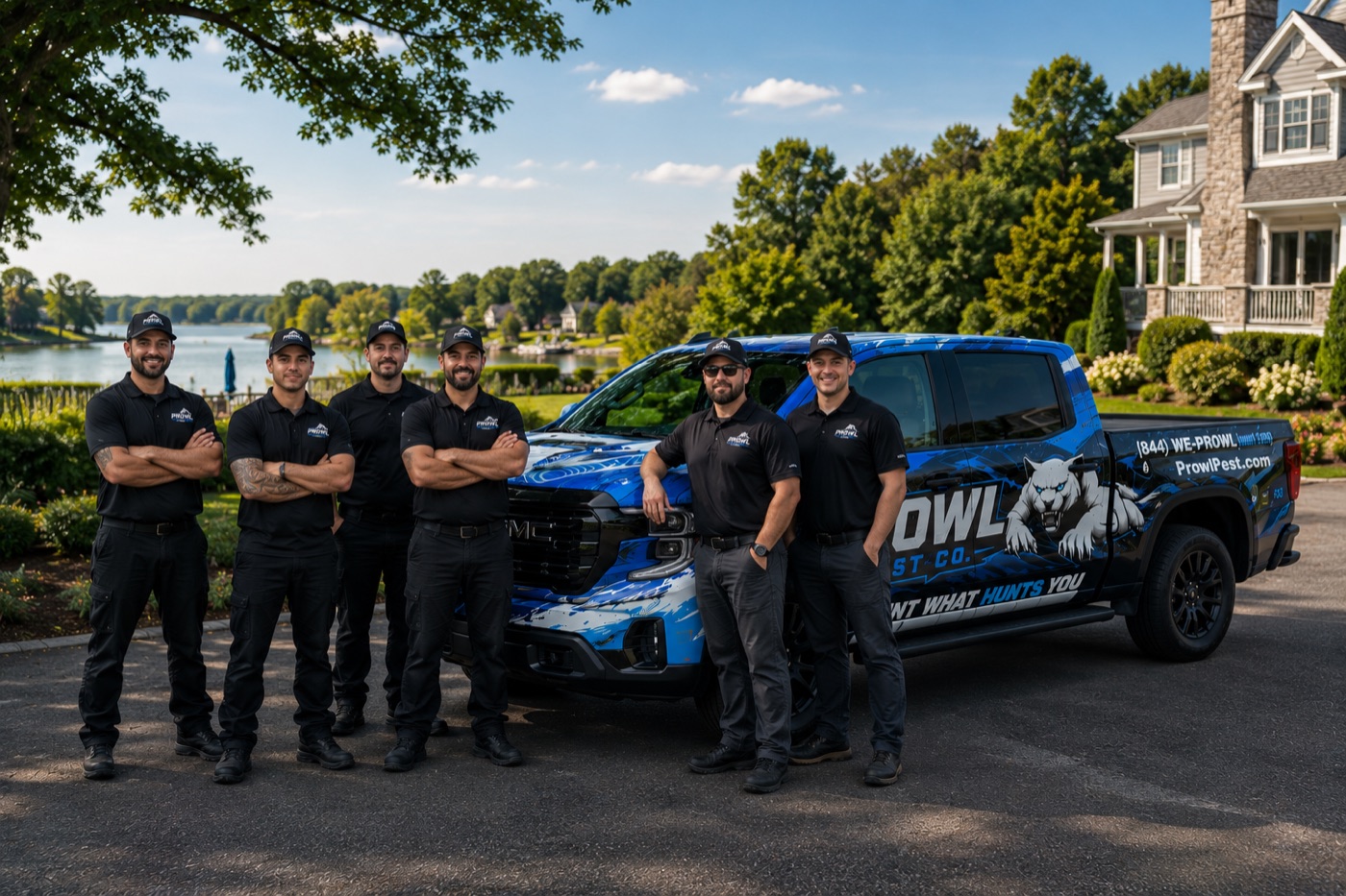 The Prowl Pest Co. technician team in uniform in front of the company service truck