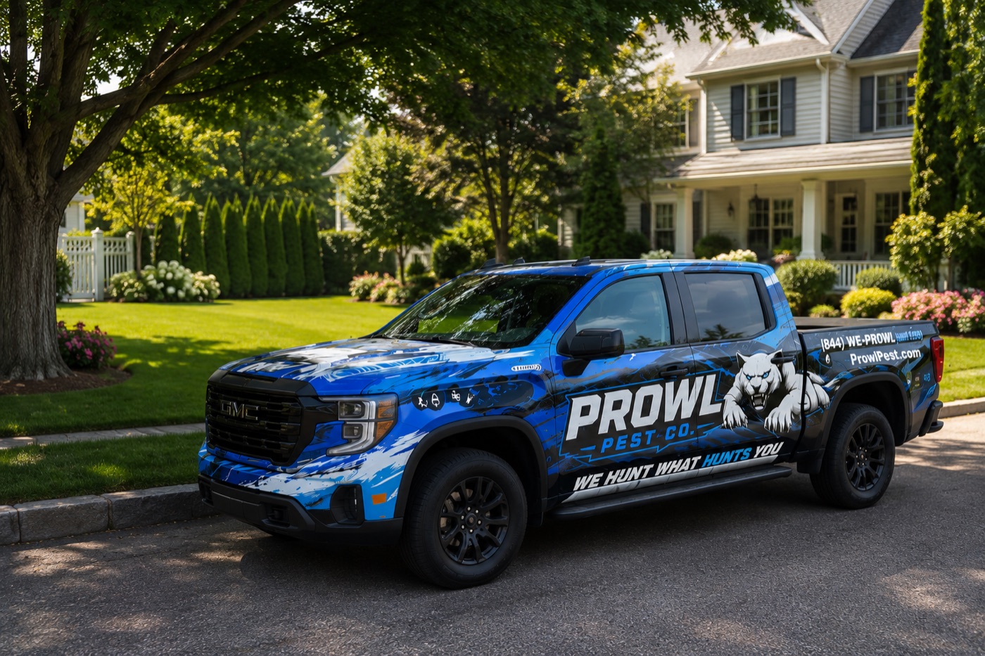 Prowl Pest Co. wrapped GMC service truck parked in a Long Island residential driveway